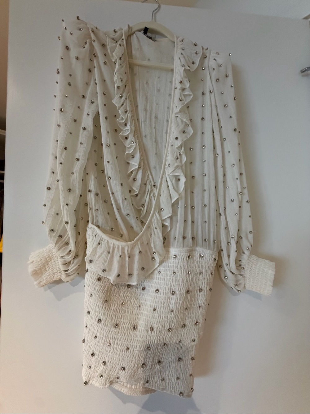 Retrofete Ivory Ruffled Long Sleeve Mini Dress with Silver Studs